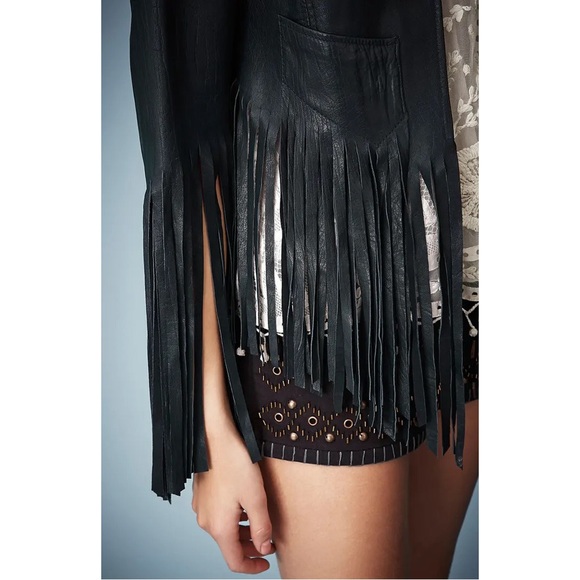 Kate Moss for Topshop Deep Charcoal Navy Fringed Leather Jacket - Picture 3 of 16